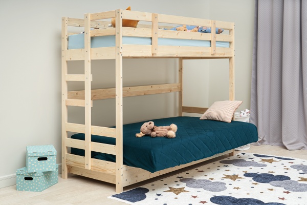 Двухъярусная кровать массив с диван-кроватью синий / натуральный